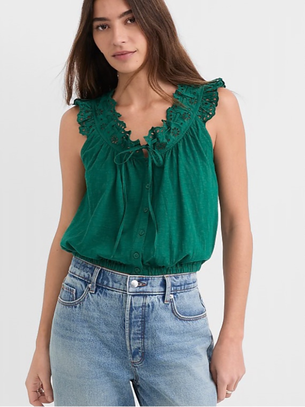 LOFT Green Eyelet Ruffle Button Front Tank Top NWT Large